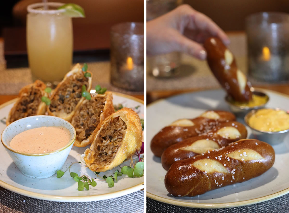 Steak & Cheese Egg Rolls and Bavarian Pretzel Sticks at The Rookery Bar & Lounge.